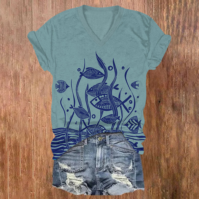 Creative Watercolor Cartoon Fish Art T-shirt - Blue - US32-34(5XL) - image 1