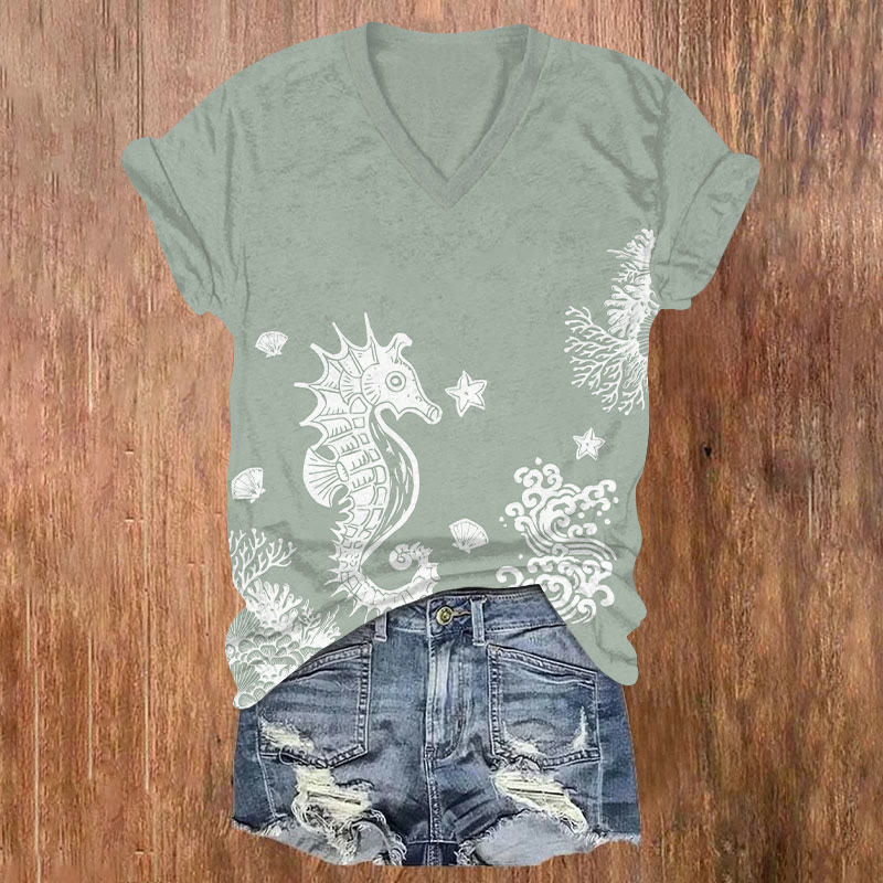 Funny Transparent Seahorse & Seaweed Art T-shirt - Grey - US32-34(5XL) - image 1