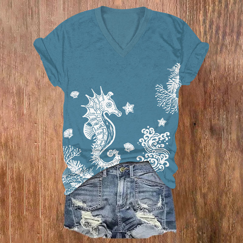 Funny Transparent Seahorse & Seaweed Art T-shirt - Blue - US32-34(5XL) - image 2