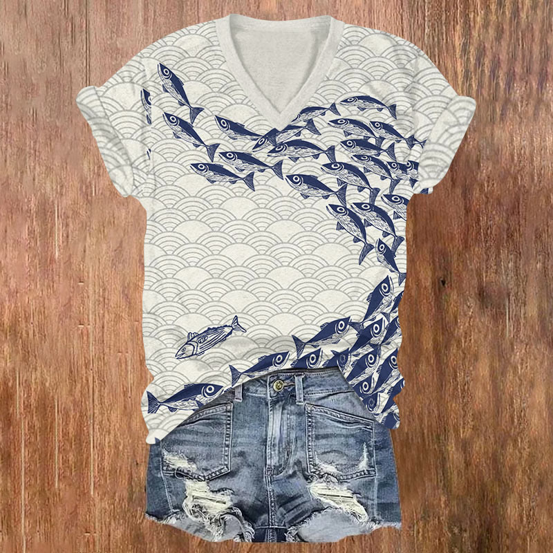 Japanese Wave Sardines School Art T-shirt - Beige - US32-34(5XL) - image 1