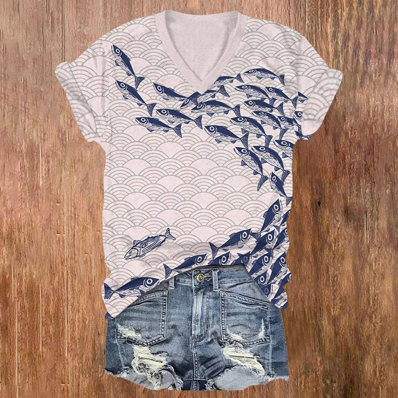 Japanese Wave Sardines School Art T-shirt - Light Purple - US32-34(5XL) - image 2