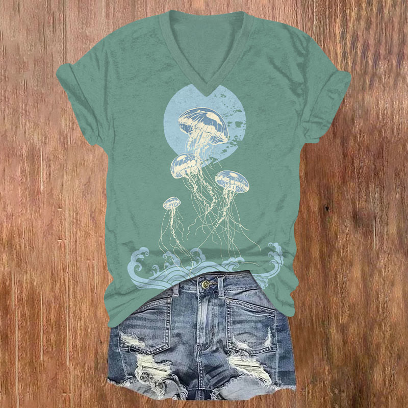 Creative Japanese Transparent Jellyfish Art T-shirt - Green - US32-34(5XL) - image 1