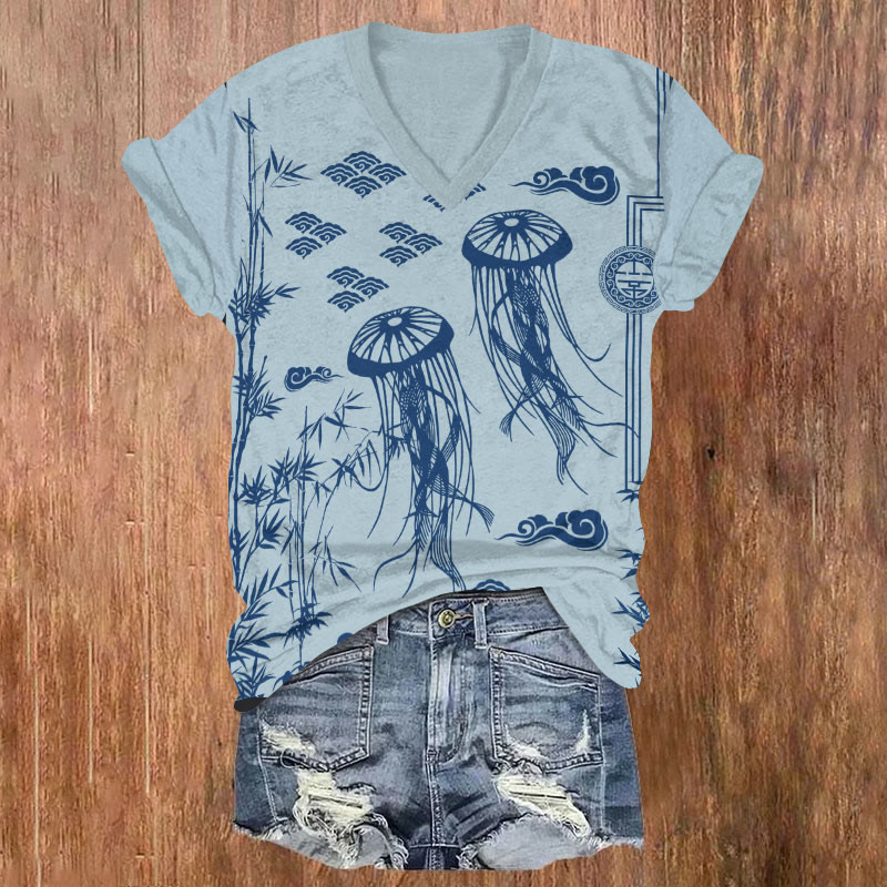 Creative Abstract Jellyfish & Bamboo Art T-shirt - Blue - US32-34(5XL) - image 1