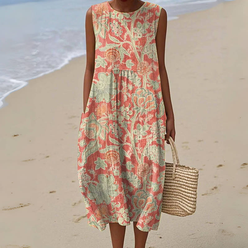 Women's Vintage Floral Pattern Art Print Sleeveless Cotton Pocket Wrap Dress - Red - 5XL - image 1