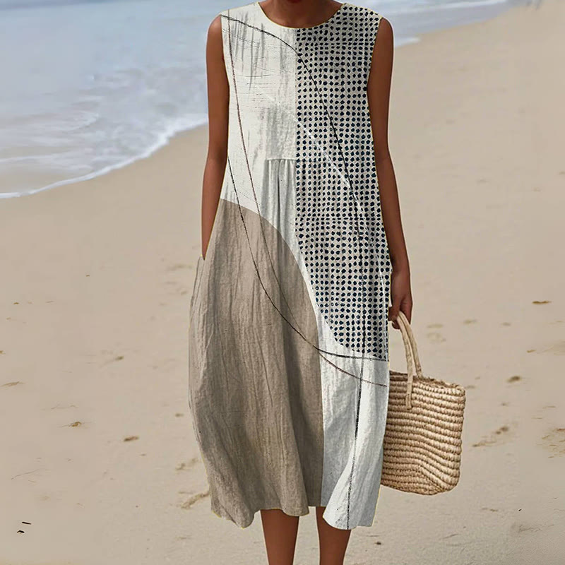 Women's Abstract Geometric Pattern Art Print Sleeveless Cotton Pocket Wrap Dress - Khaki - 5XL - image 1