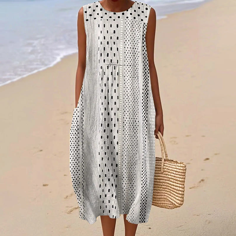 Women's Vintage Abstract Geometry Art Print Sleeveless Cotton Pocket Wrap Dress - Light Gray - 5XL - image 1