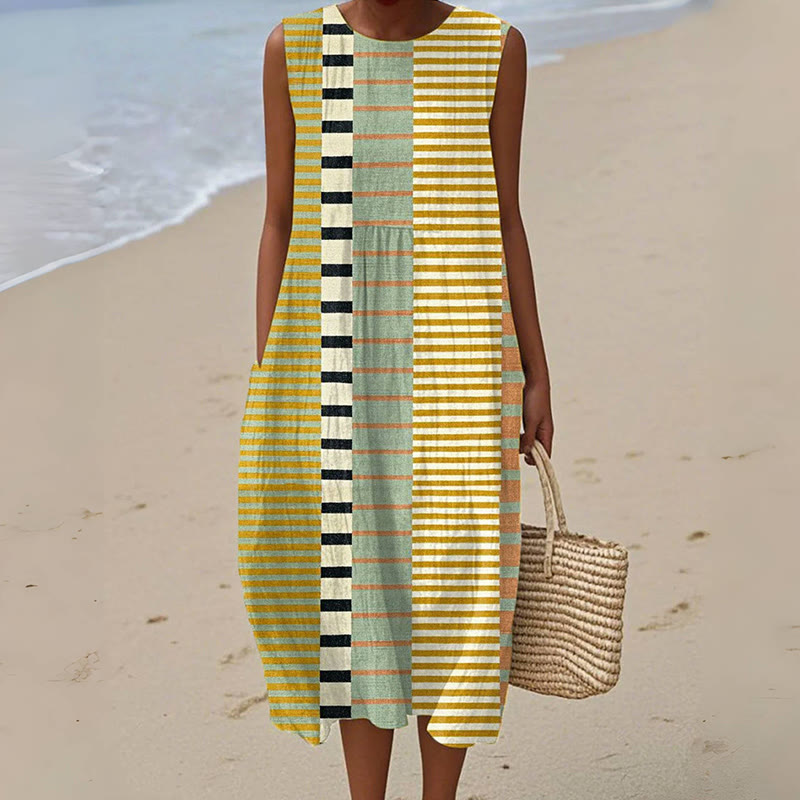 Women's Vintage Abstract Geometric Art Print Sleeveless Cotton Pocket Wrap Dress - Yellow - 5XL - image 1