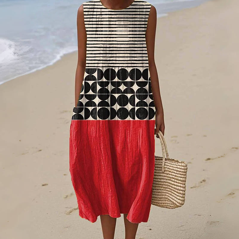 Women's Abstract Geometric Pattern Art Print Sleeveless Cotton Pocket Wrap Dress - Black - 5XL - image 1