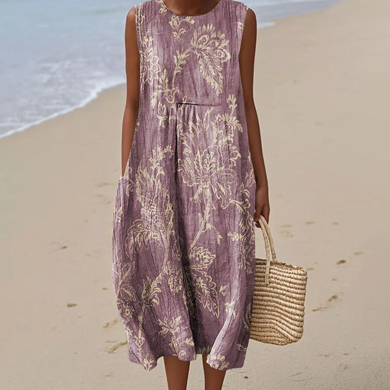 Women's Vintage Flower Art Print Sleeveless Cotton Pocket Wrap Dress - Purple - 5XL - image 1