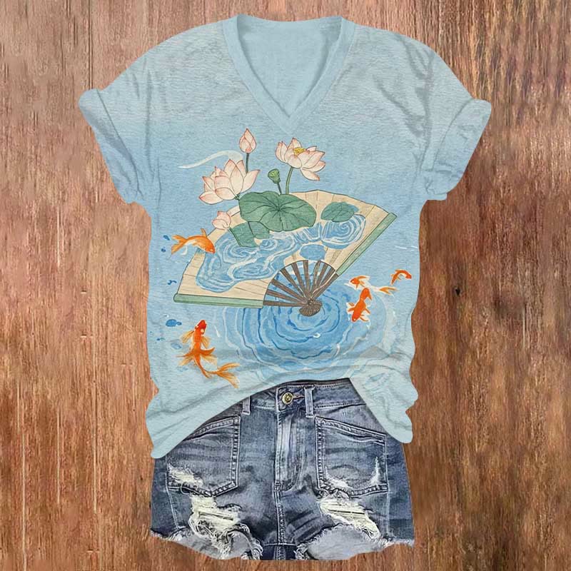Creative Lotus Goldfish Pond Fan Art Print V-neck T-shirt - Blue - US32-34(5XL) - image 1