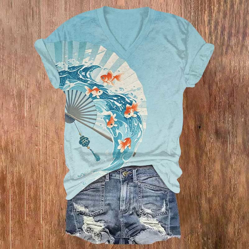 Creative Ocean Wave Goldfish Fan Print V-neck T-shirt - Blue - US32-34(5XL) - image 1