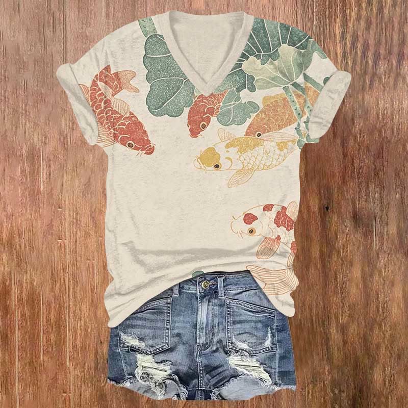 Funny Koi Fish Lotus Pond Art Print V-neck T-shirt - Apricot - US32-34(5XL) - image 1
