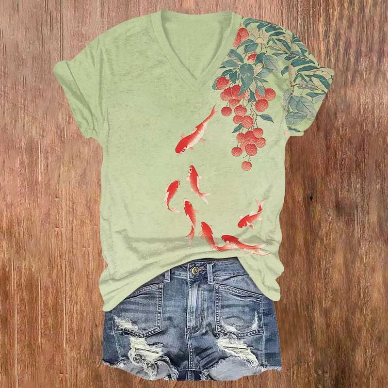 Summer Vivid Koi Carp & Lychee Art Print V-neck T-shirt - Light Green - US32-34(5XL) - image 1