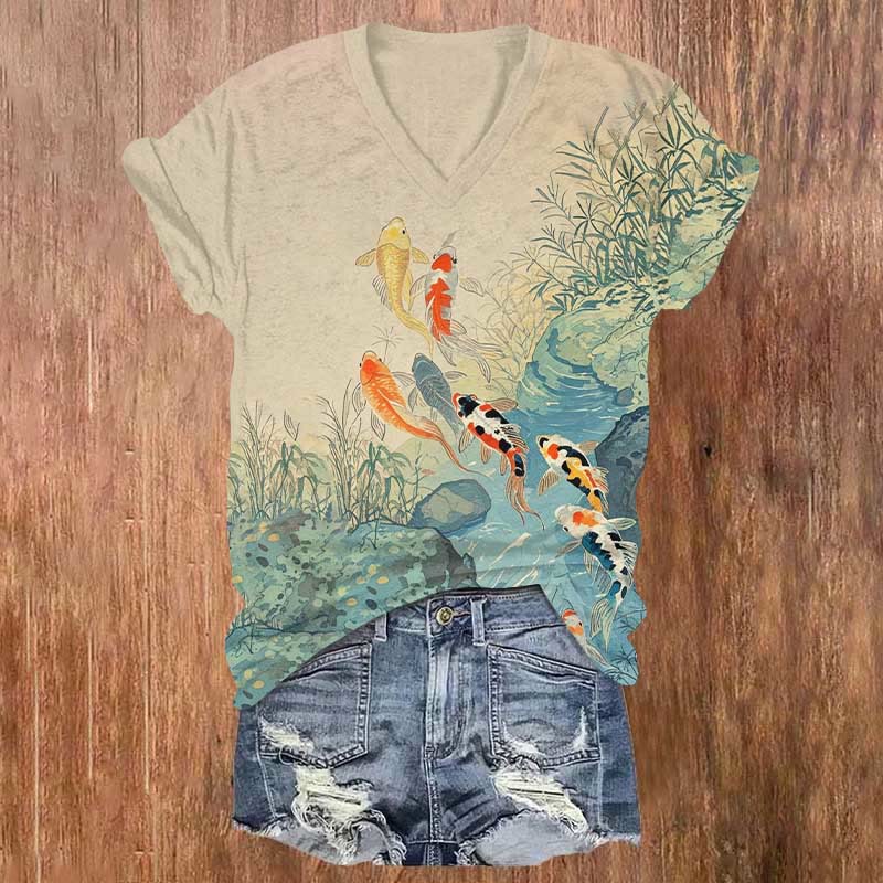 Colorful Koi Swimming In Stream Art Print V-neck T-shirt - Khaki - US32-34(5XL) - image 1