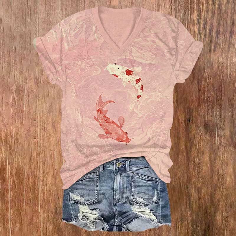Lovely Pink & White Couple Koi Art Print V-neck T-shirt - Pink - US32-34(5XL) - image 1