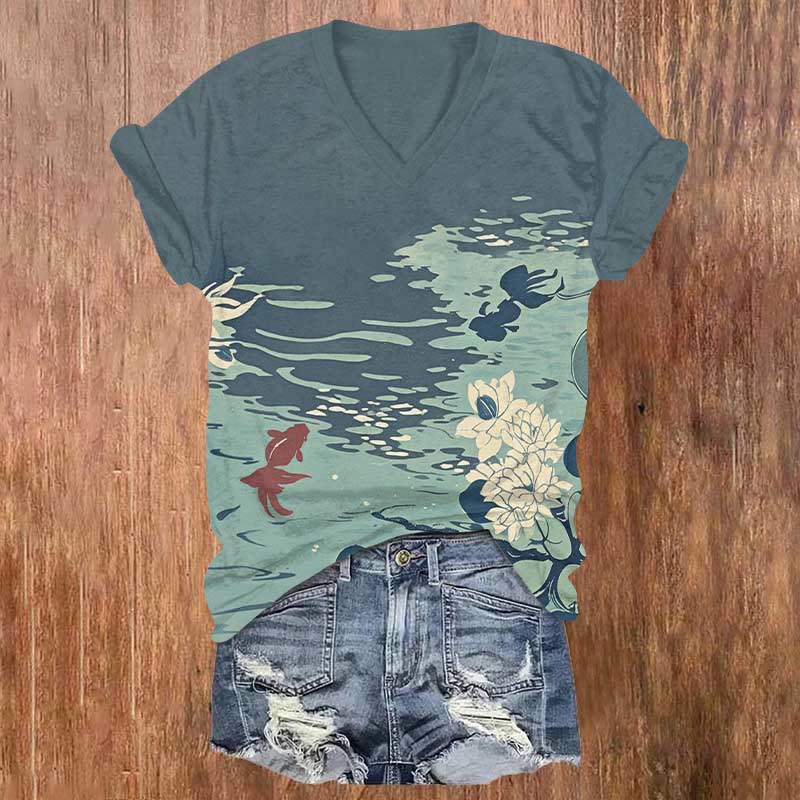 Watercolor Goldfish In Lotus Pond Print V-neck T-shirt - Blue - US32-34(5XL) - image 1