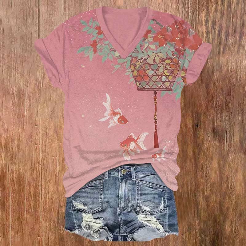 Creative Flower Lantern & Goldfish Art Print V-neck T-shirt - Pink - US32-34(5XL) - image 1
