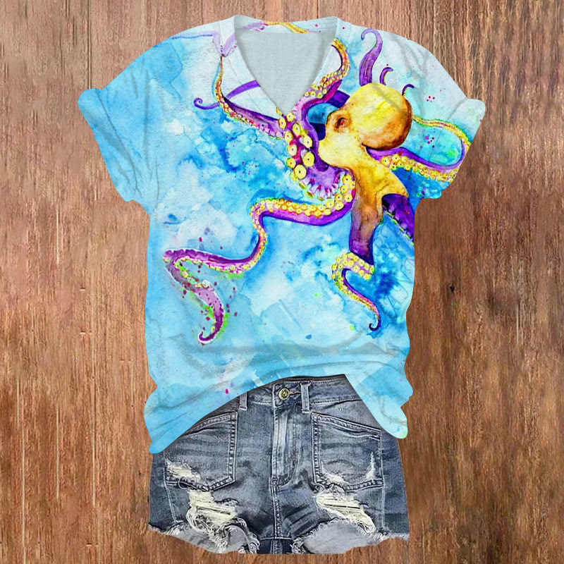 Watercolor Contrast Octopus Print V-neck T-shirt - Blue - US32-34(5XL) - image 1