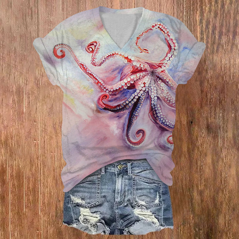 Oil Painting Contrasting Octopus Print V-neck T-shirt - Purple - US32-34(5XL) - image 1