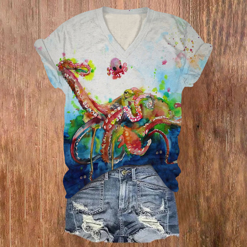 Watercolor Baby Octopus Print V-neck T-shirt - Multicolor - US32-34(5XL) - image 1