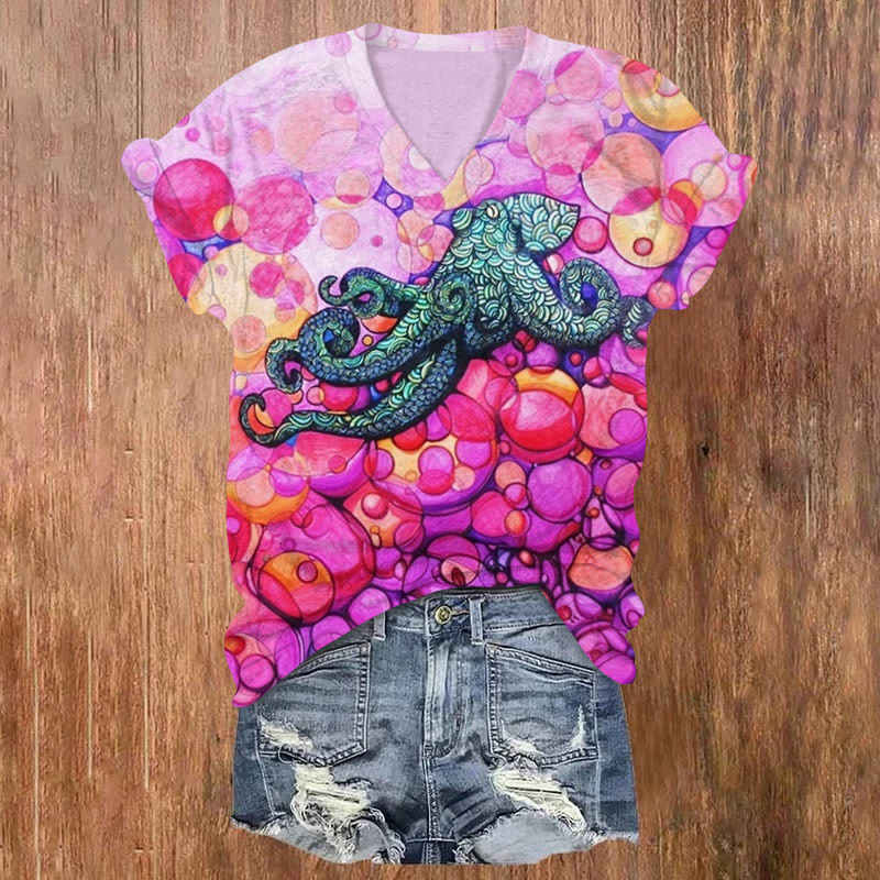 Geometric Contrast Octopus Print V-neck T-shirt - Purple - US32-34(5XL) - image 1