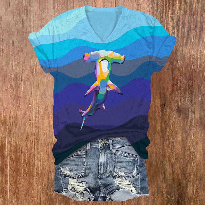 Ombre Geometric Shark Print V-neck T-shirt - Blue - US32-34(5XL) - image 1