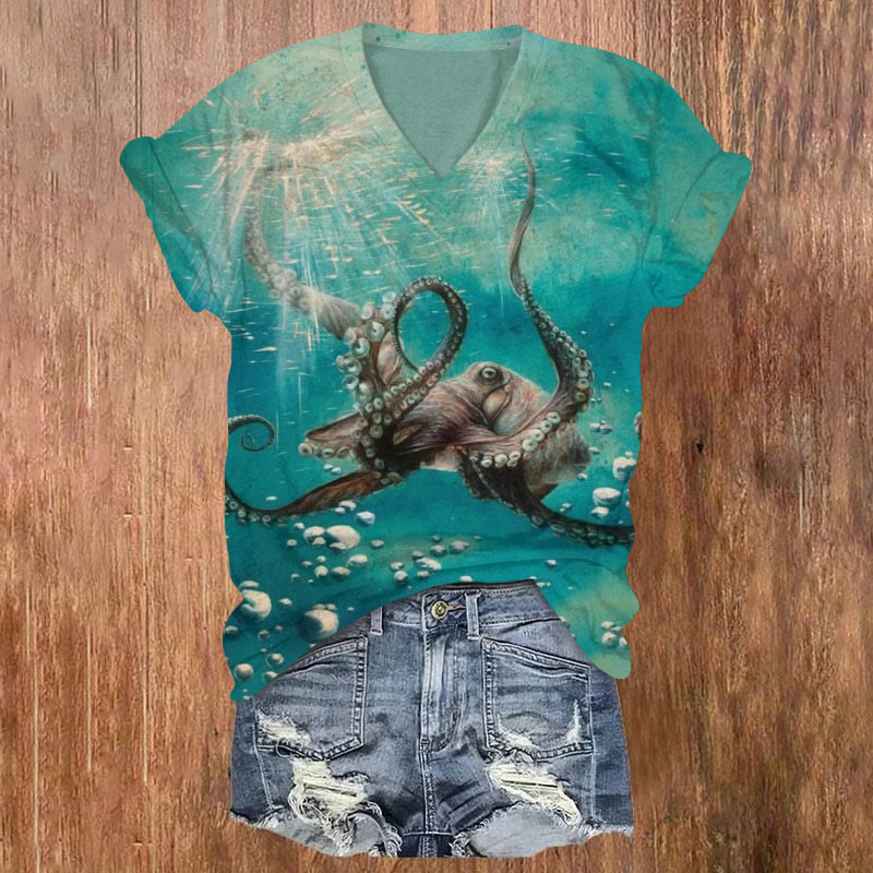 Octopus With Sunlight Shooting Into The Sea Print V-neck T-shirt - Green - US32-34(5XL) - image 1
