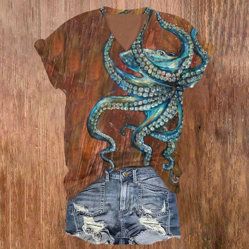 Vintage Oil Painting Octopus Print V-neck T-shirt - Brown - US32-34(5XL) - image 1