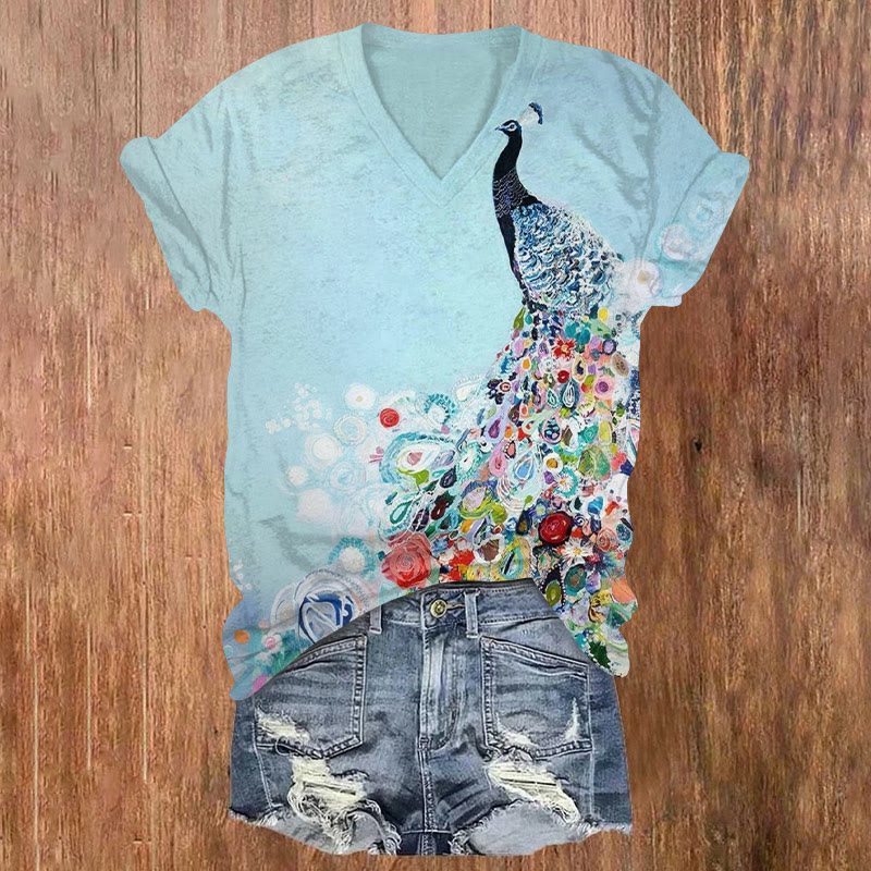 Vintage Oil Painting Floral Peacock Print V-neck T-shirt - Sky Blue - US32-34(5XL) - image 1