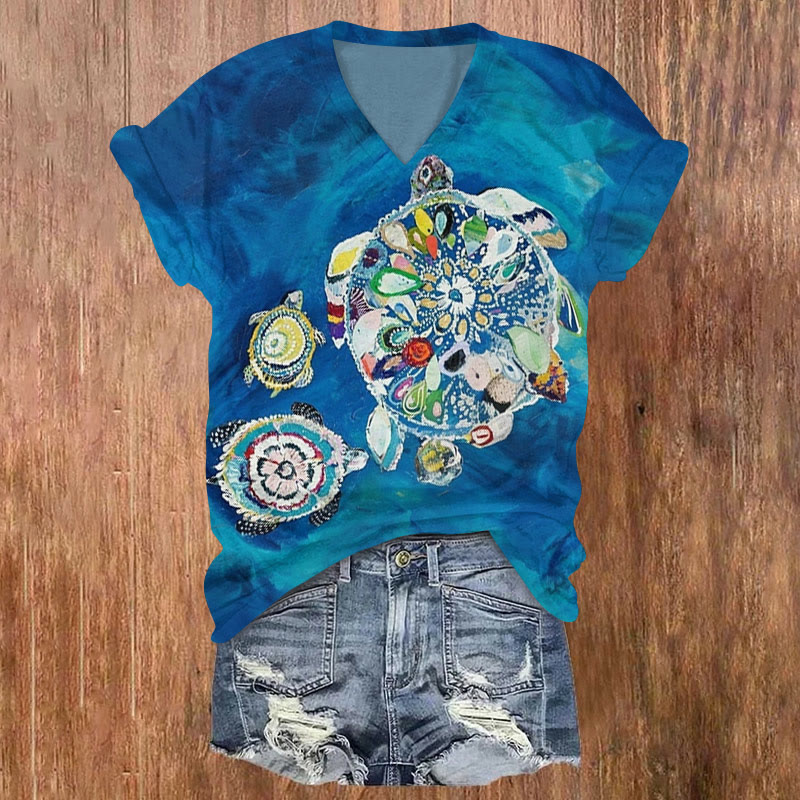 Vintage Oil Painting Ethnic Style Turtle Print V-neck T-shirt - Blue - US32-34(5XL) - image 1
