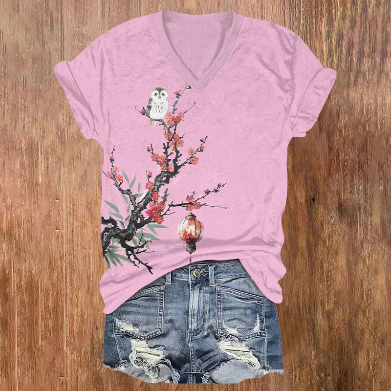 Vintage Lantern & Owl On Peach Blossom Tree Art T-shirt - Pink - US32-34(5XL) - image 1