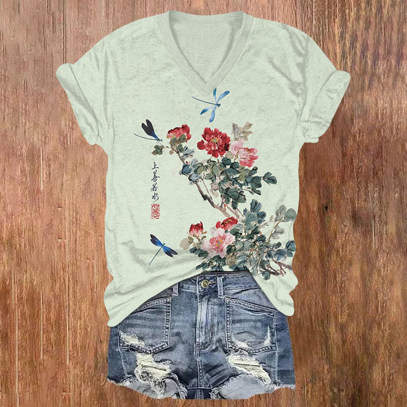 Japanese Vintage Rose Blossom & Dragonfly Art T-shirt - Light Green - US32-34(5XL) - image 1