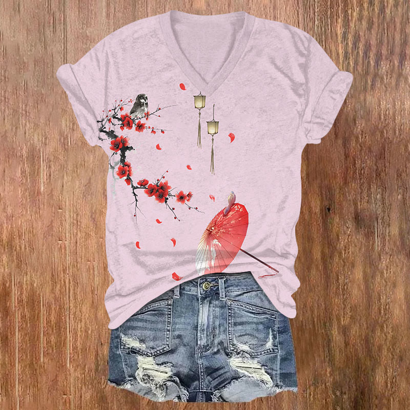 Japanese Floral Owl & Umbrella Art T-shirt - Purple - US32-34(5XL) - image 1