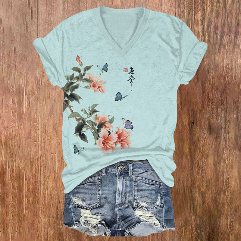 Japanese Spring Floral & Butterfly Art T-shirt - Light Blue - US32-34(5XL) - image 1