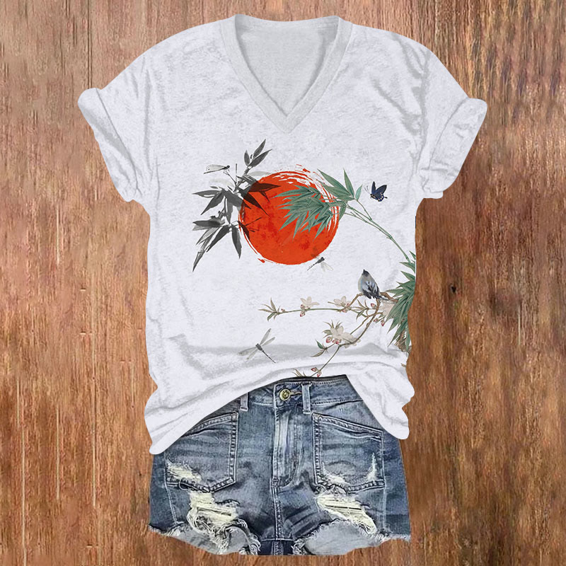 Japanese Vintage Sun & Bamboo Bird Art T-shirt - White - US32-34(5XL) - image 1
