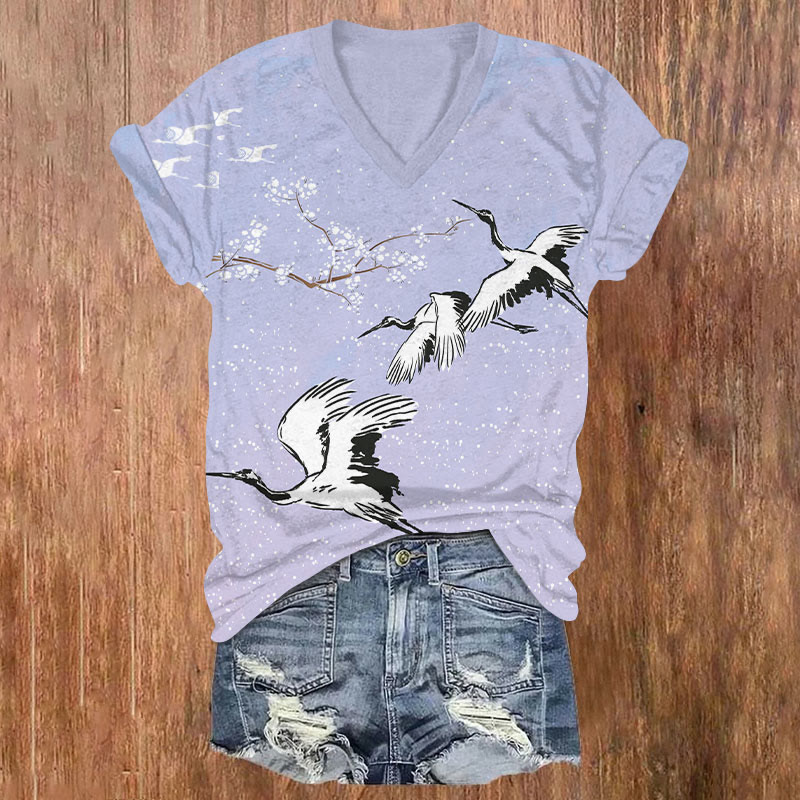 Japanese Romantic Sakura & Cranes Art T-shirt - Purple - US32-34(5XL) - image 1
