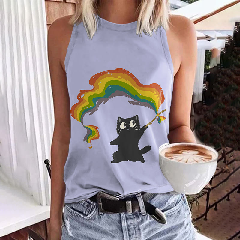 Lovely Black Cat Holding Rainbow Flag Print Crew Neck Tank Top - Purple - 5XL - image 2