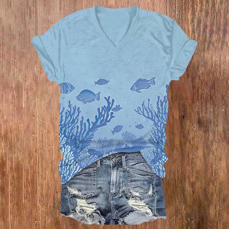 Lovely Ocean Fish & Seaweed Art T-shirt - Blue - US32-34(5XL) - image 1