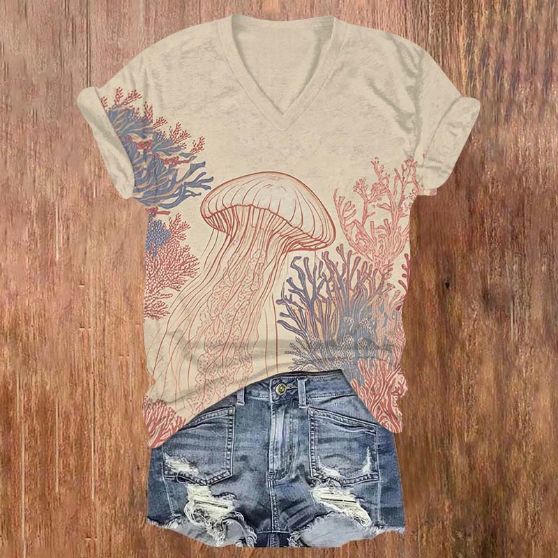 Vintage Underwater Jellyfish & Seaweed Art T-shirt - Khaki - US32-34(5XL) - image 1