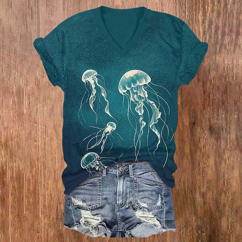 Mysterious Luminous Jellyfish Art T-shirt - Green - US32-34(5XL) - image 1
