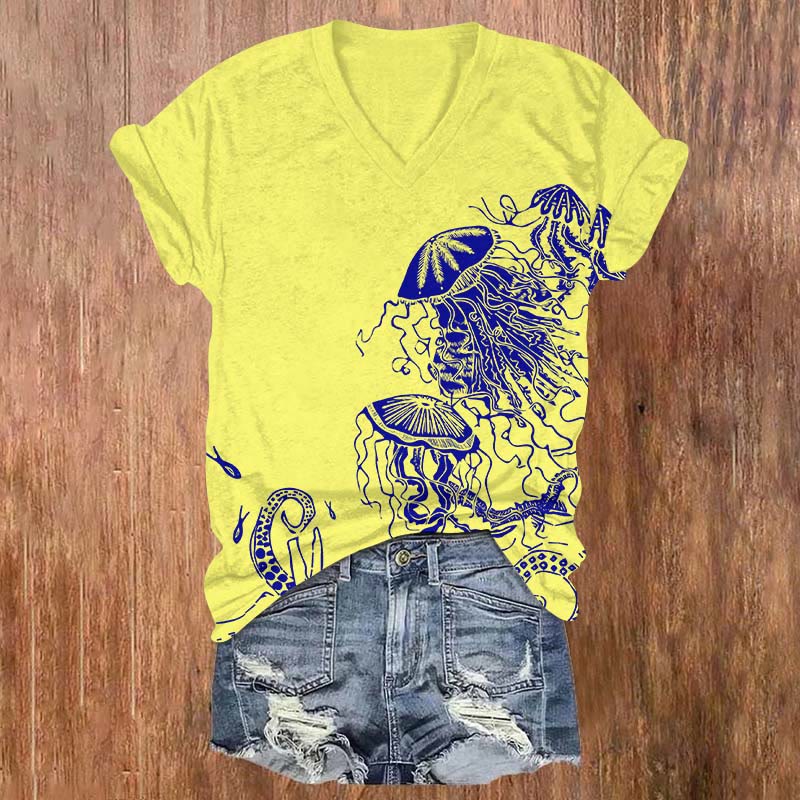 Funny Abstract Jellyfish Art T-shirt - Yellow - US32-34(5XL) - image 1