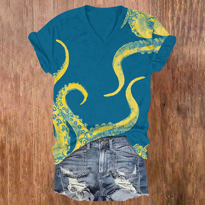 Watercolor Octopus Tentacles Art T-shirt - Blue - US32-34(5XL) - image 1