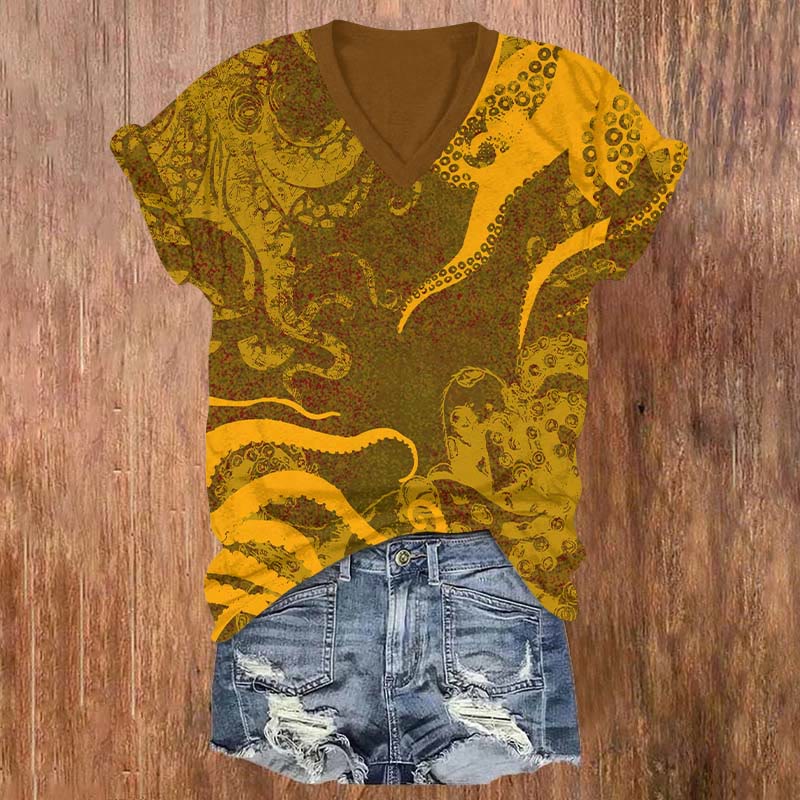 Creative Blurred Octopus Art T-shirt - Brown - US32-34(5XL) - image 1