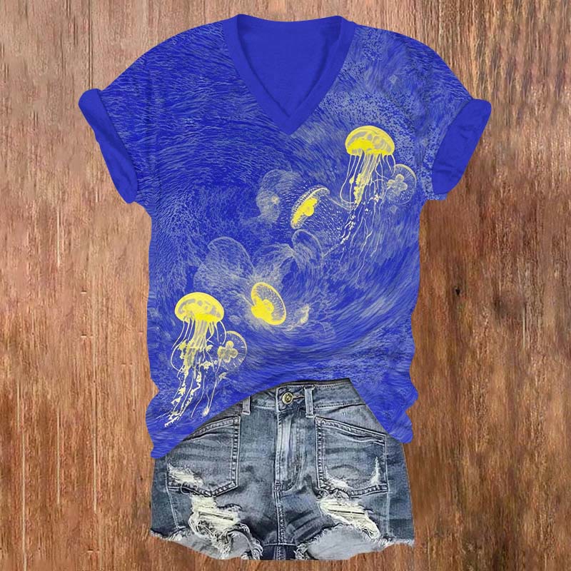 Funny Jellyfish Swarm Art T-shirt - Blue - US32-34(5XL) - image 1