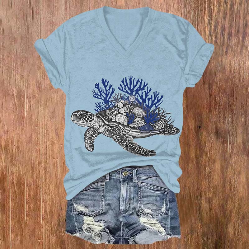 Creative Coral Sea Turtle Art T-shirt - Blue - US32-34(5XL) - image 1