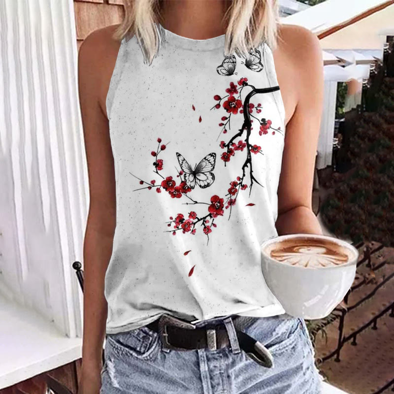 Japanese Style Plum Blossom Butterfly Print Crew Neck Tank Top - White - 5XL - image 1