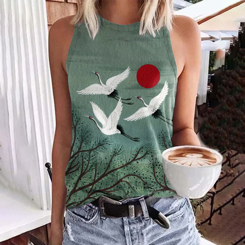 Japanese Style Flying Cranes And Red Sun Print Crew Neck Tank Top - Green - 5XL - image 1