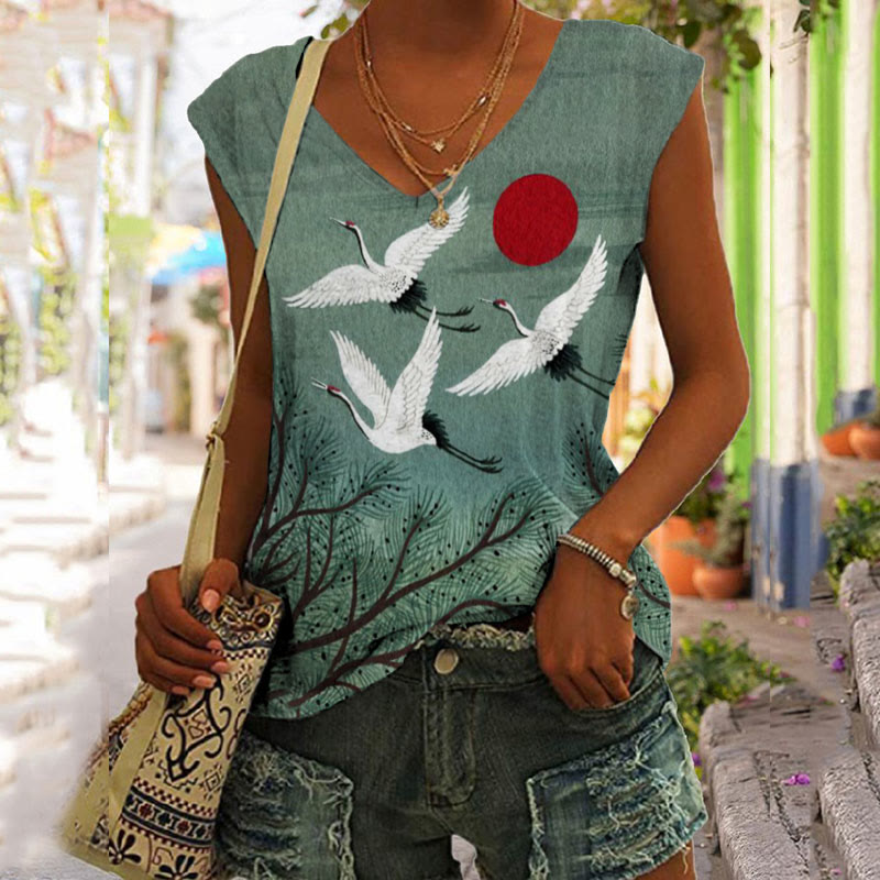 Japanese Style Flying Cranes And Red Sun Print V-neck Tank Top - Green - 5XL - image 1