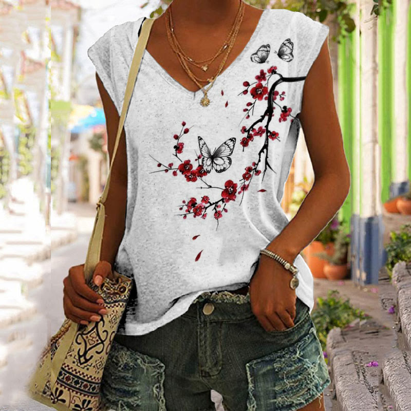 Japanese Style Plum Blossom Butterfly Print V-neck Tank Top - White - 5XL - image 1