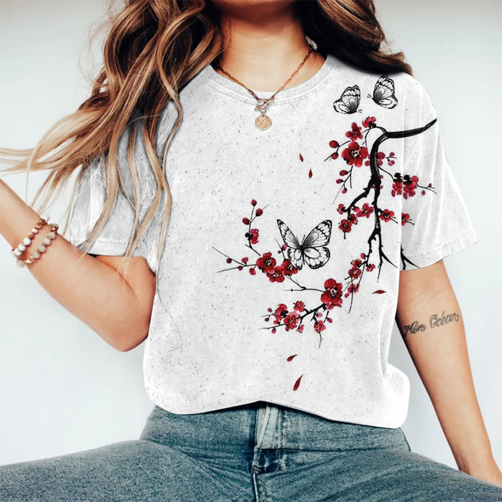 Japanese Style Plum Blossom Butterfly Print Short-sleeved T-shirt - White - 8XL - image 1